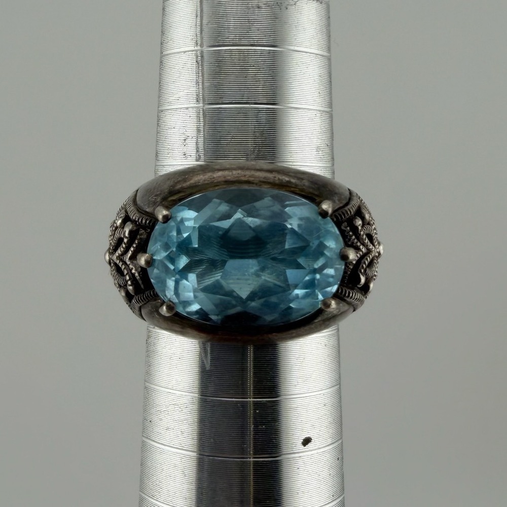 CNA Thailand Sterling Silver 925 Blue Topaz Filigree Ring Size 8